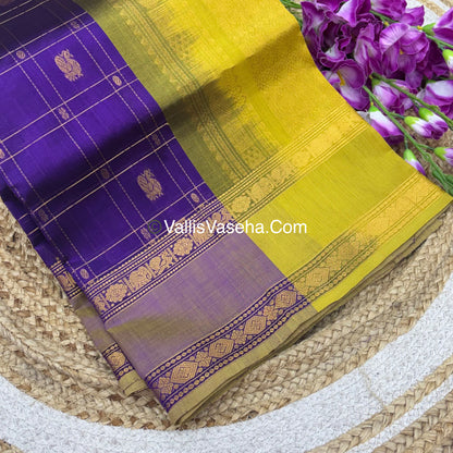 Pure Korvai Silk Cotton - Checks Pattern - Purple With Yellow Shade  - VVKSC036