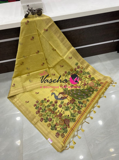 Muga Tissue Linen Saree - Yellow   Shade - VVMLT001