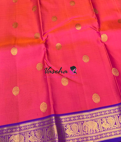 Pure Kanchipuram Silk Saree - Peachish Pink & Purple Combo - VVPS025