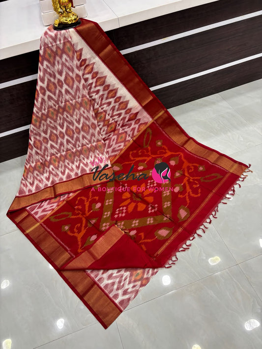 Pochampally Silk Cotton Saree - Cream & Red Shade - VVPPS001