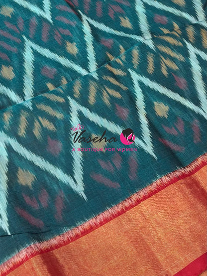 Pochampally Silk Cotton Saree - Blue & Red Shade - VVPPS001