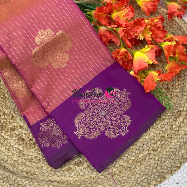 Semi Soft Silk - Peachish Pink With Purple Combo -VVSSS039
