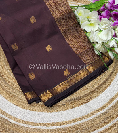 Pure Silk Cotton Saree -  Mayil & Elephant Design - Brown - VVMES001