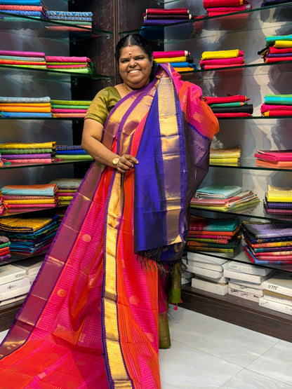 Pure Silk Cotton Saree - Mayil & Chakkaram Design - Peachish Pink with Blue - VVMC002