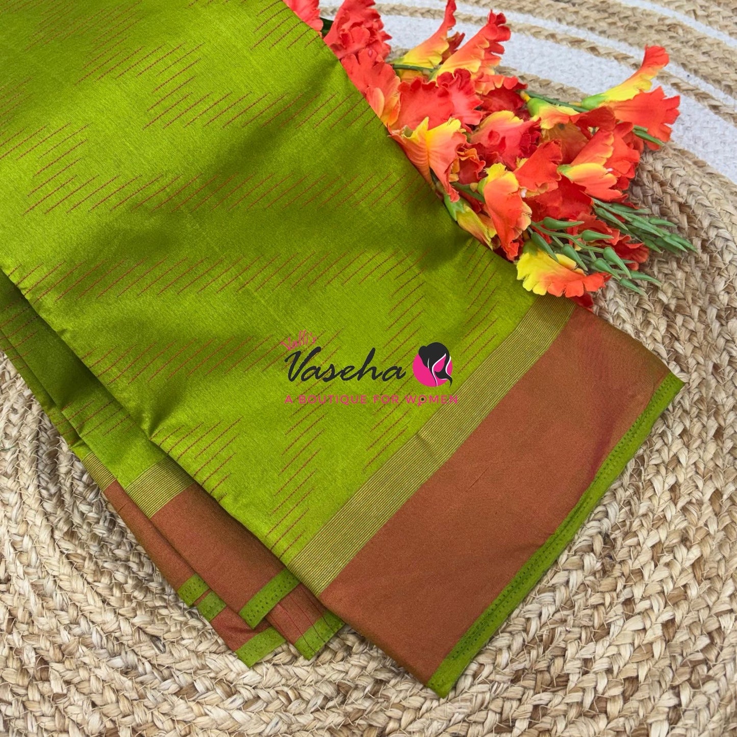 Semi Silk Saree - Thread Work Weaving - Green With Rust Orange - VVSSS0038