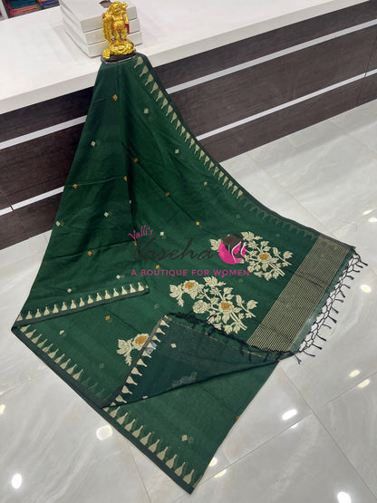 Bengal Kaddhi Cotton Saree | VVBKC001 |Dark Green