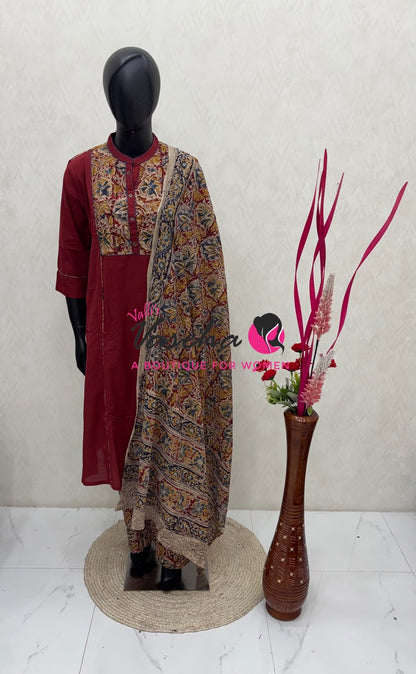 Ready Made - Pure Kalamkari Cotton - Salwar, Kameez & Duppatta(3pc)-Merun - VVRKC002
