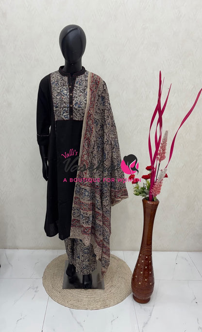 Ready Made - Pure Kalamkari Cotton - Salwar, Kameez & Duppatta(3pc) - Black - VVRKC002