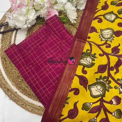 Ready Made - Semi Raw Silk Kurti with Chennur Silk Kalamkari Duppatta - Pink Shade - 2pc Set - VVSRK002
