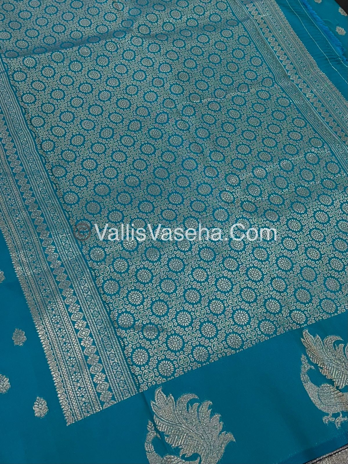 Semi Soft Silk - Peacock Butta Border - Turquoise blue Shade -VVSSS014