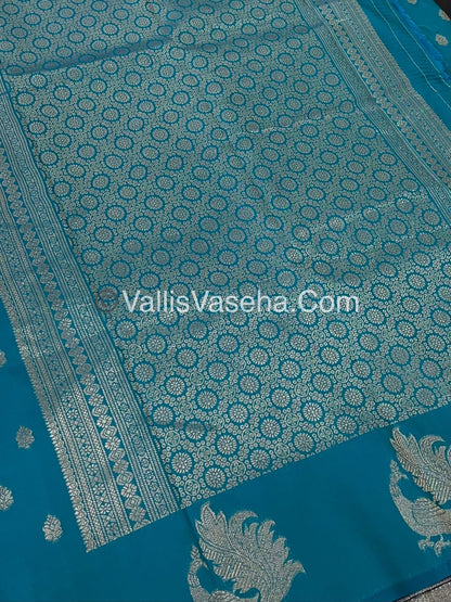 Semi Soft Silk - Peacock Butta Border - Turquoise blue Shade -VVSSS014