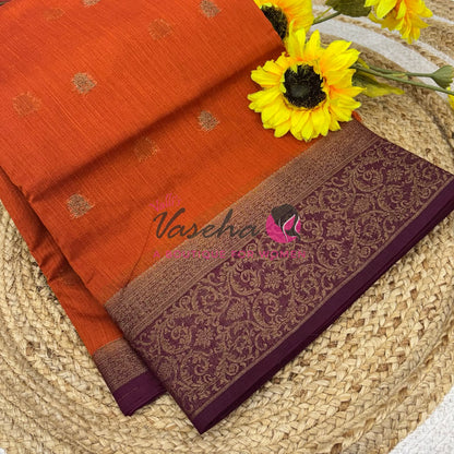 Bamboo Silk Saree- Orange with Brown Shade - VVBSS015