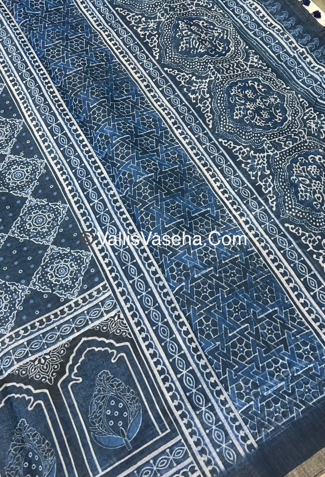 Linen Mixed Cotton Saree - Indigo Blue - Printed - VVLMP001