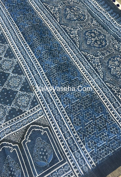 Linen Mixed Cotton Saree - Indigo Blue - Printed - VVLMP001