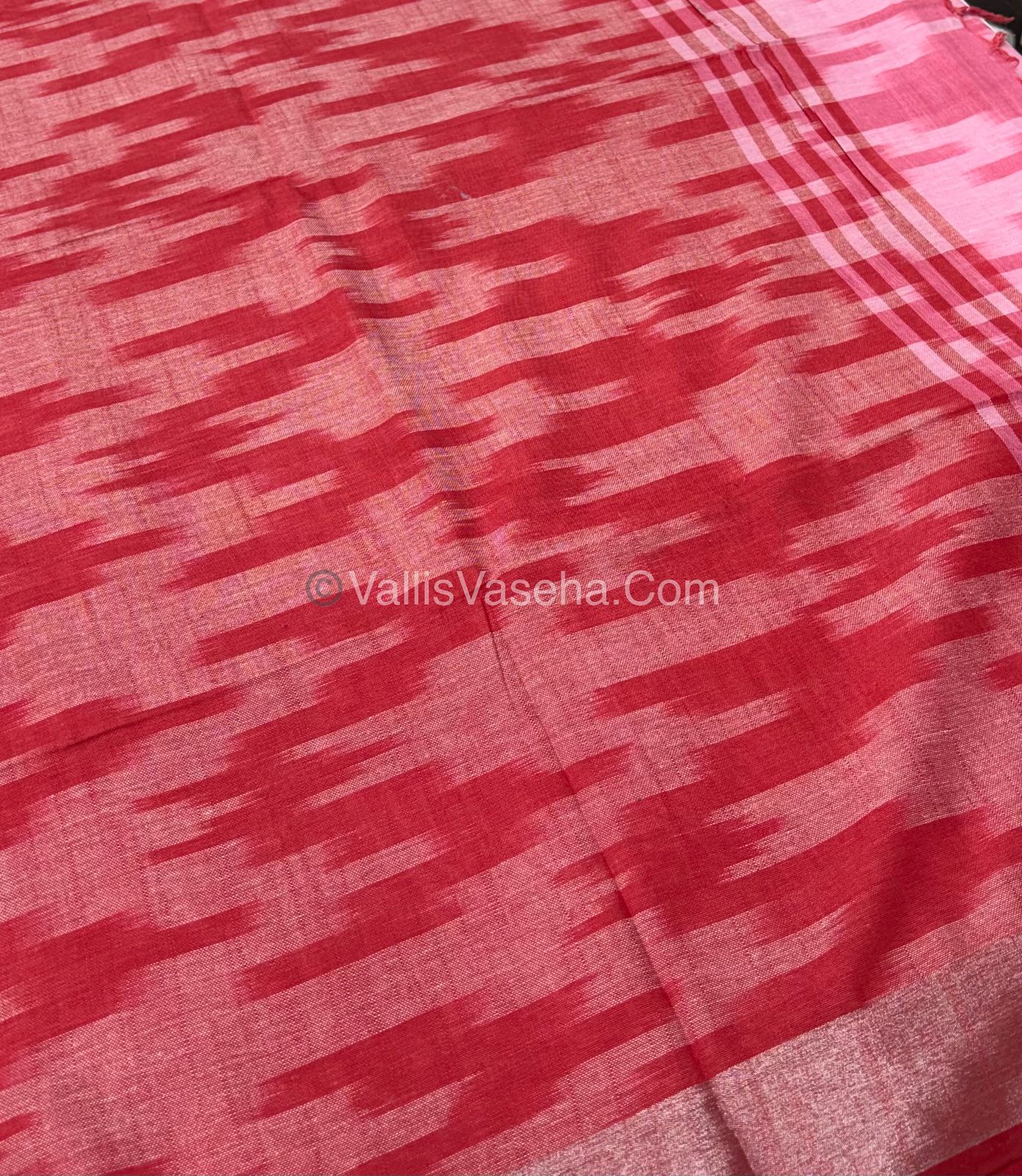 Bhagalpuri Linen Cotton Saree - Ikkat Print - Pink With Red  Shade - VVBLC001