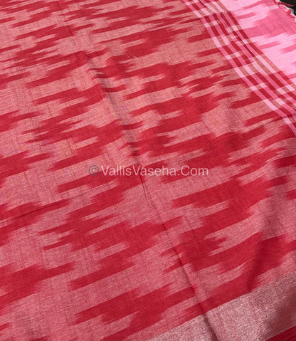 Bhagalpuri Linen Cotton Saree - Ikkat Print - Pink With Red  Shade - VVBLC001