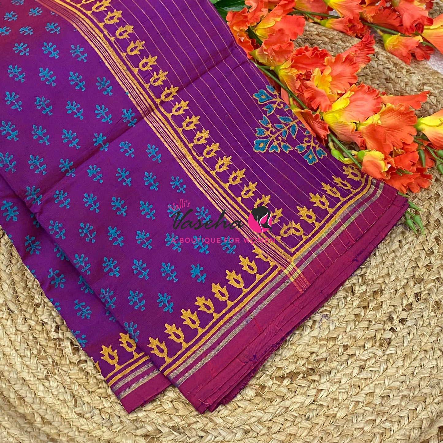 Pure Printed Silk Cotton Sarees - Purple - VVPSC004