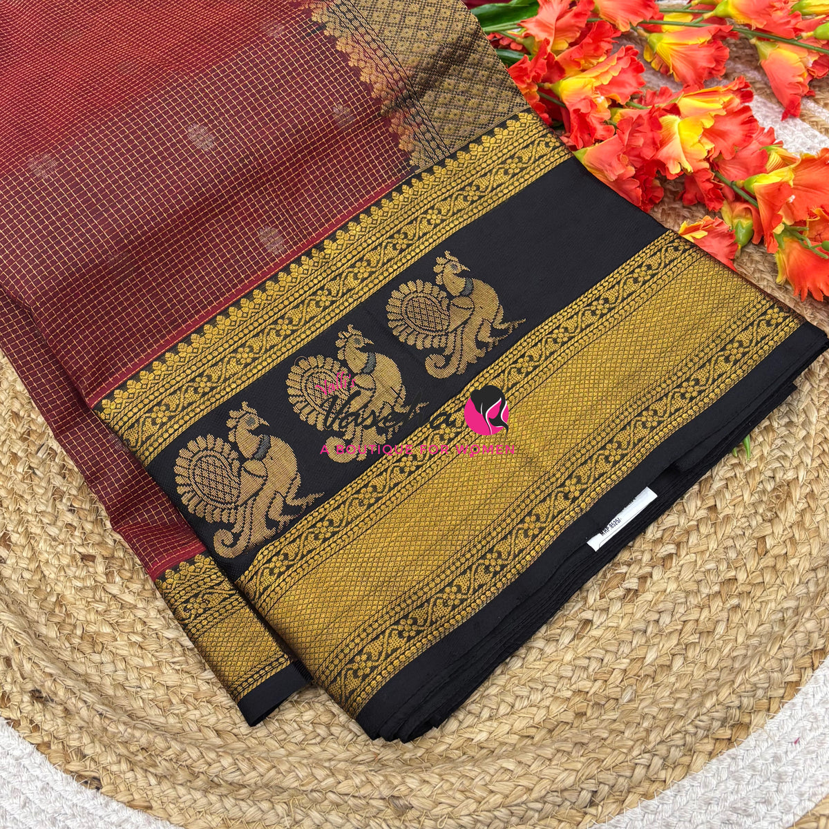 Pure Korvai Silk Cotton - Checks Pattern - Maroonish Red With Black Shade  - VVKSC034