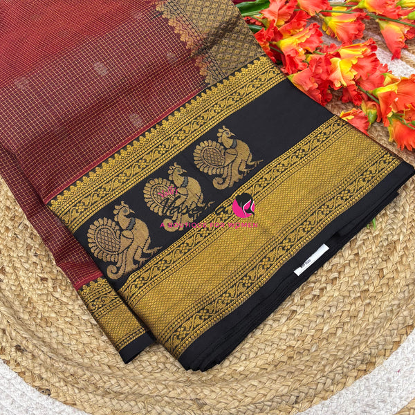 Pure Korvai Silk Cotton - Checks Pattern - Maroonish Red With Black Shade  - VVKSC034