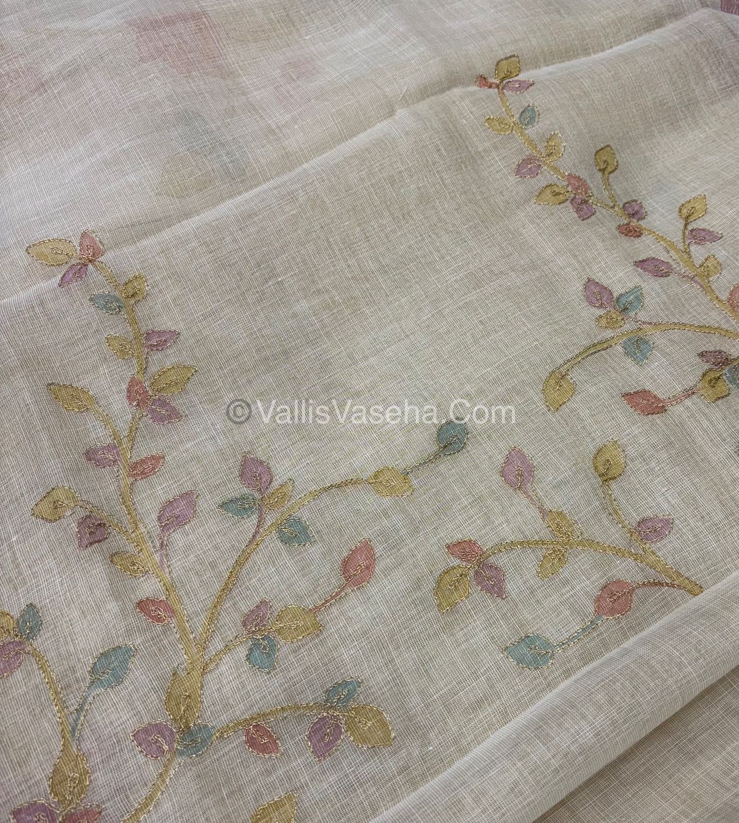 Tissue Linen Saree - Cream With Pink Shade - VVTLS002
