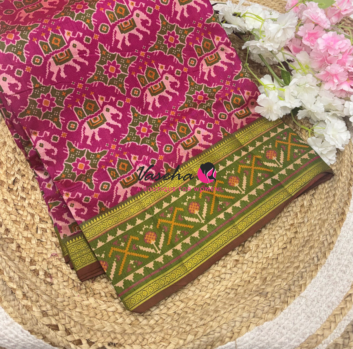 Semi Patola | Printed Silk Saree - Pink With Green Combo - VVSPS001