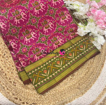 Semi Patola | Printed Silk Saree - Pink With Green Combo - VVSPS001