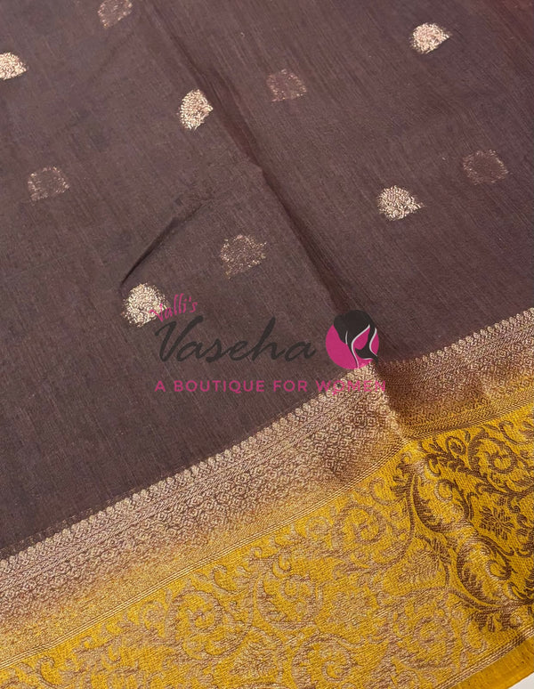 Bamboo Silk Saree- Brown with Yellow Shade - VVBSS015