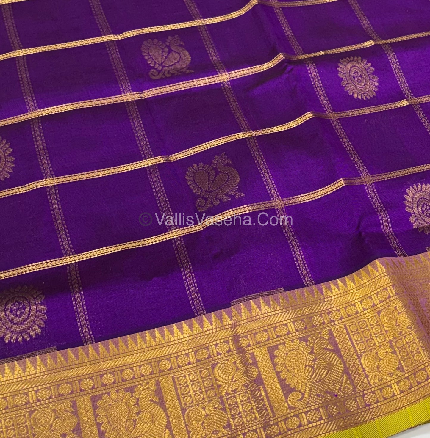 Pure Silk Cotton Saree - Mayil & Chakkaram Design - Purple With Lemon Green Combo -VVMC003