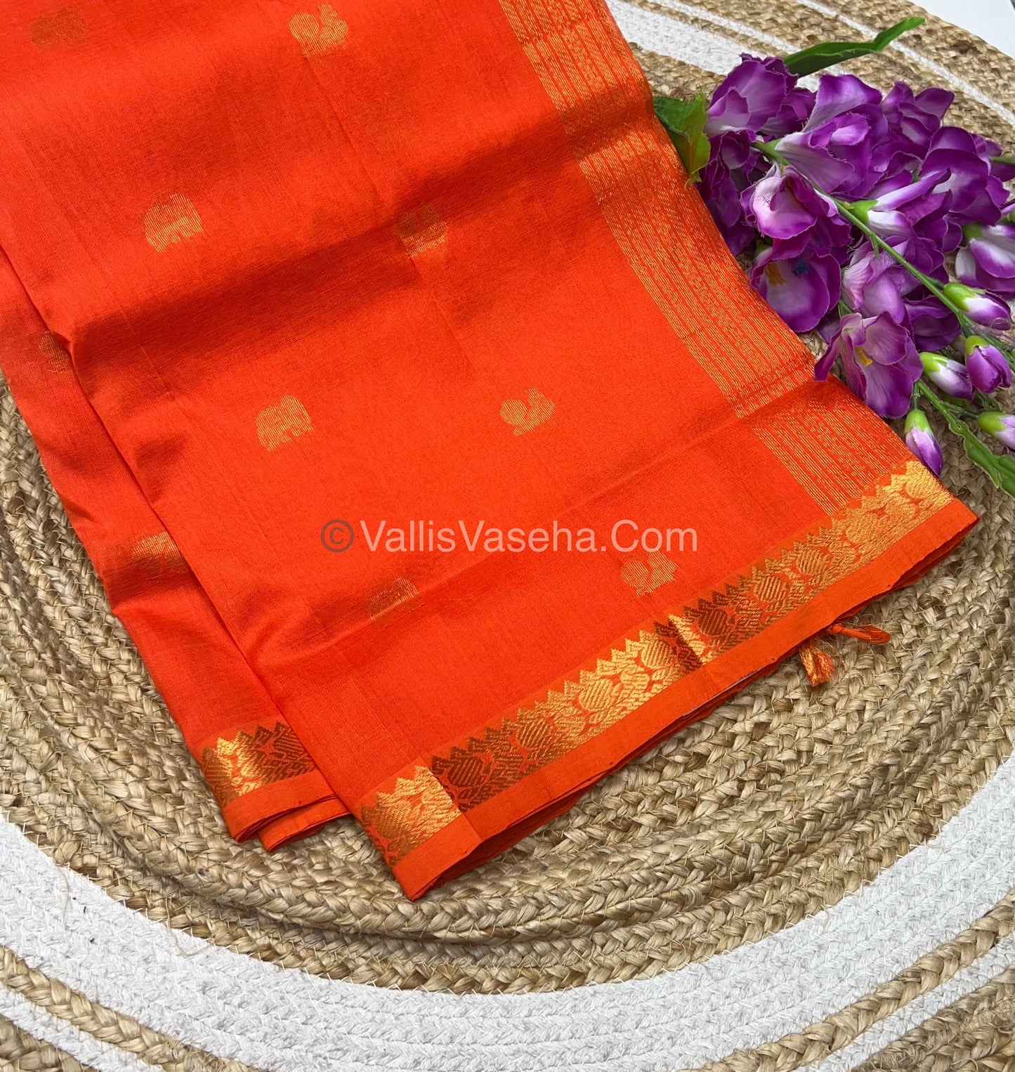 Pure Silk Cotton Saree -  Mayil & Elephant Design - Orange - VVMES001
