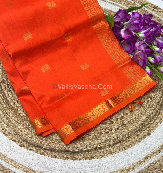 Pure Silk Cotton Saree -  Mayil & Elephant Design - Orange - VVMES001
