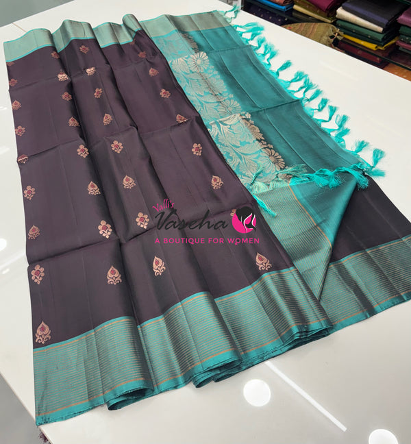 Half Mixed  Soft Silk Saree - (1.75 warp) Brown & Blue - VVPSS090