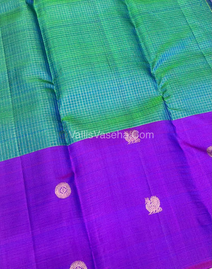 Pure Kanchipuram Silk Saree - Dual Tone Peacock Blue & Purple Shade  - VVPS024