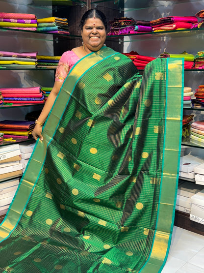 Pure Silk Cotton Saree - Mayil & Chakkaram Design - Green with Blue Combo - VVMC002