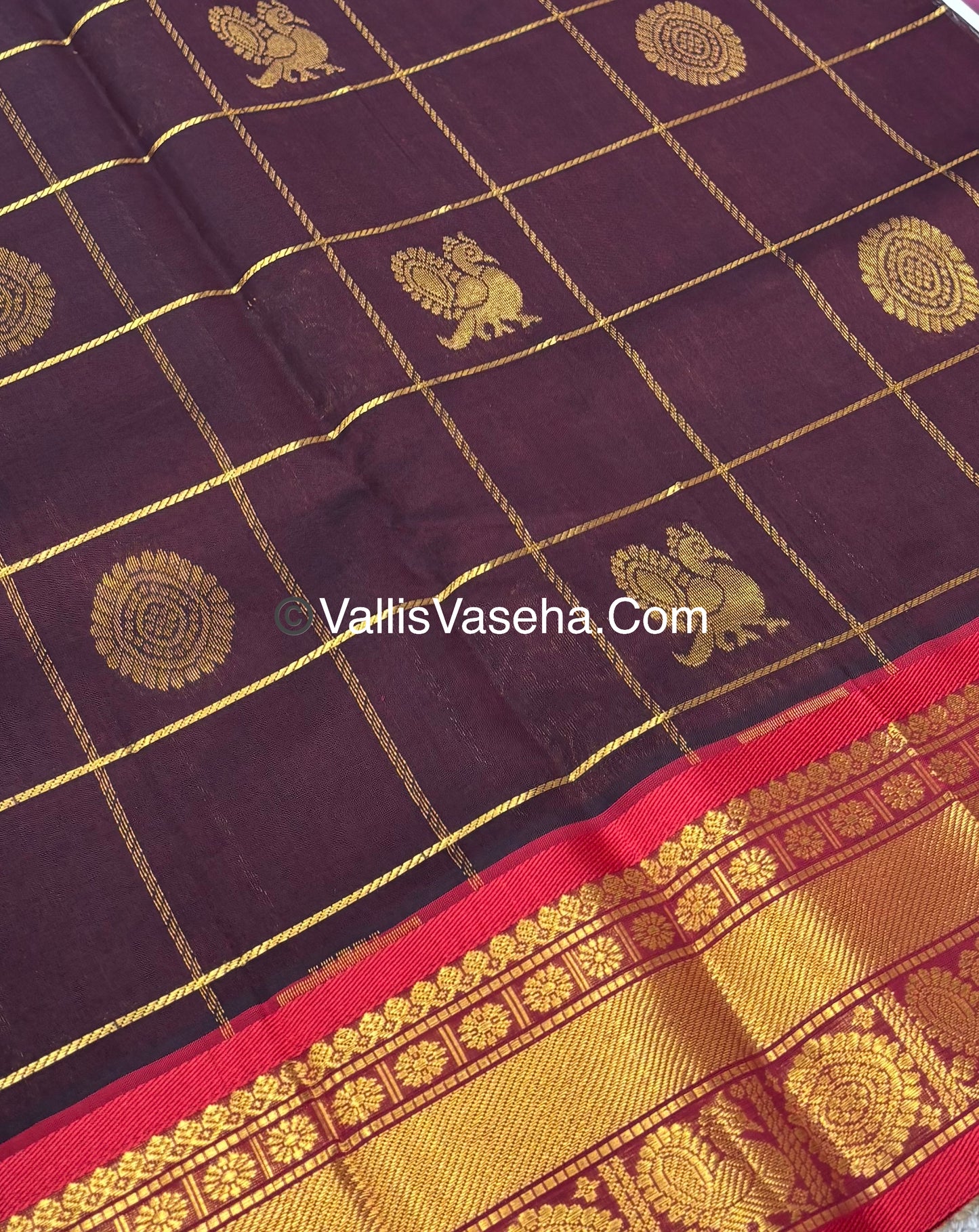 Pure Silk Cotton Saree - Mayil & Chakkaram Design - Brown With Red Shade - VVMC001