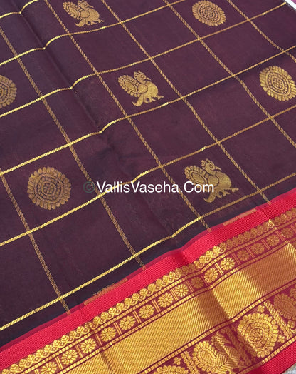 Pure Silk Cotton Saree - Mayil & Chakkaram Design - Brown With Red Shade - VVMC001