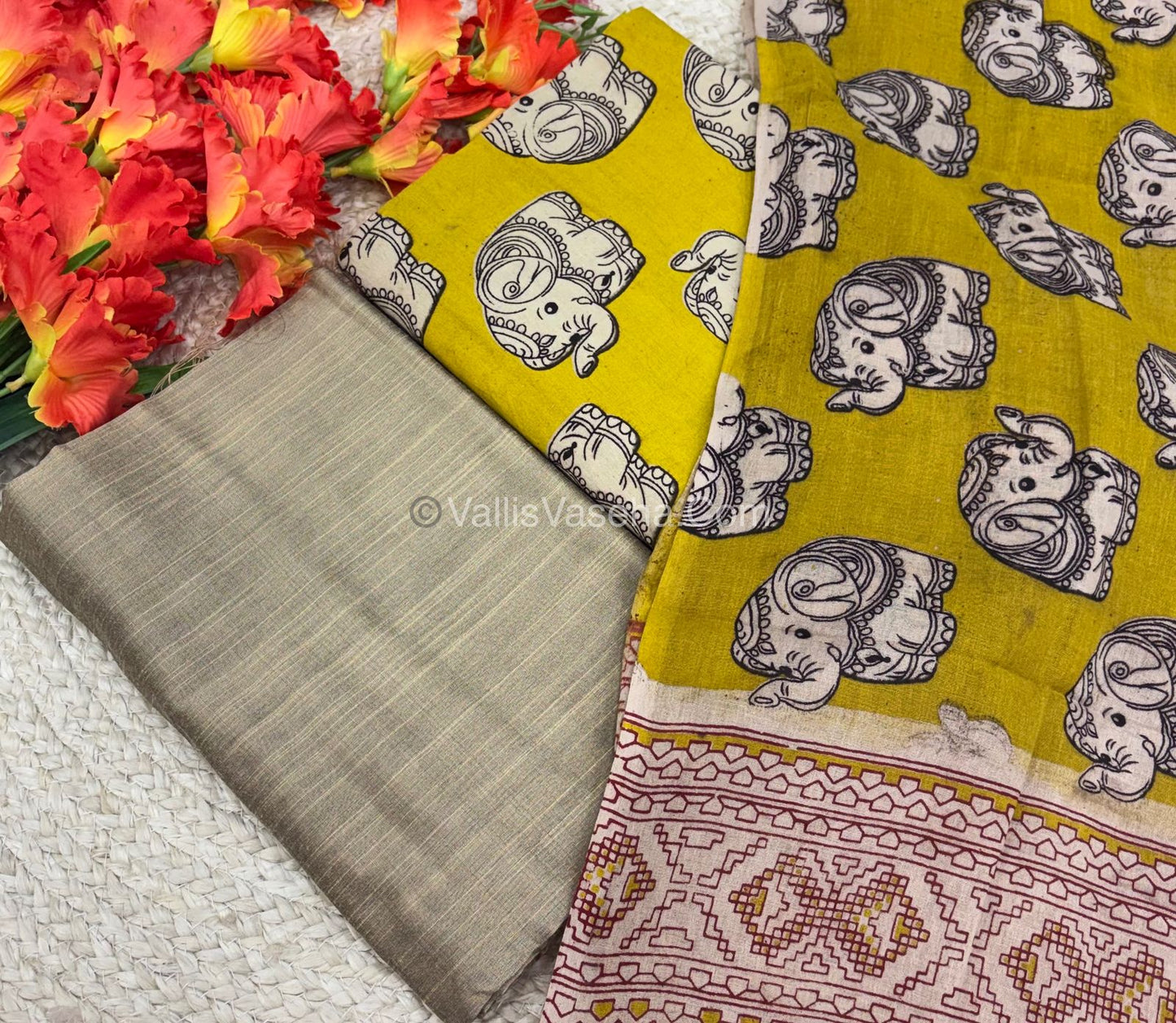 Unstitched Salwar Material -Kalamkari & Raw Silk - Yellow Shade  - VVUSM018