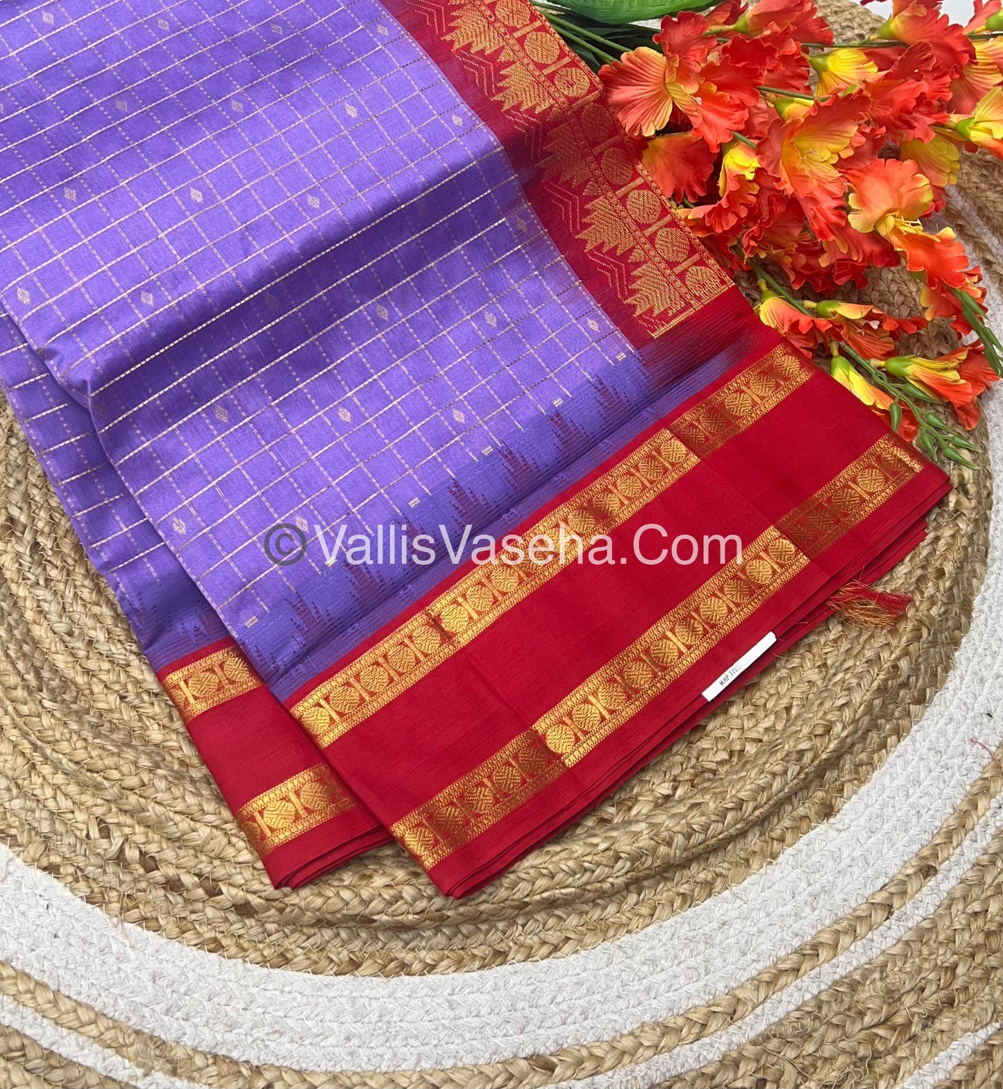 Pure Korvai Silk Cotton Saree - Lavender With Red - VVKSC020