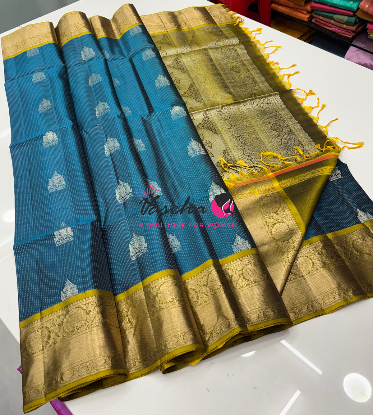 Half Mix - Pure Soft Silk Saree - Vairavoosi Design - Ramar Blue & Lemon Green - VVPSS147