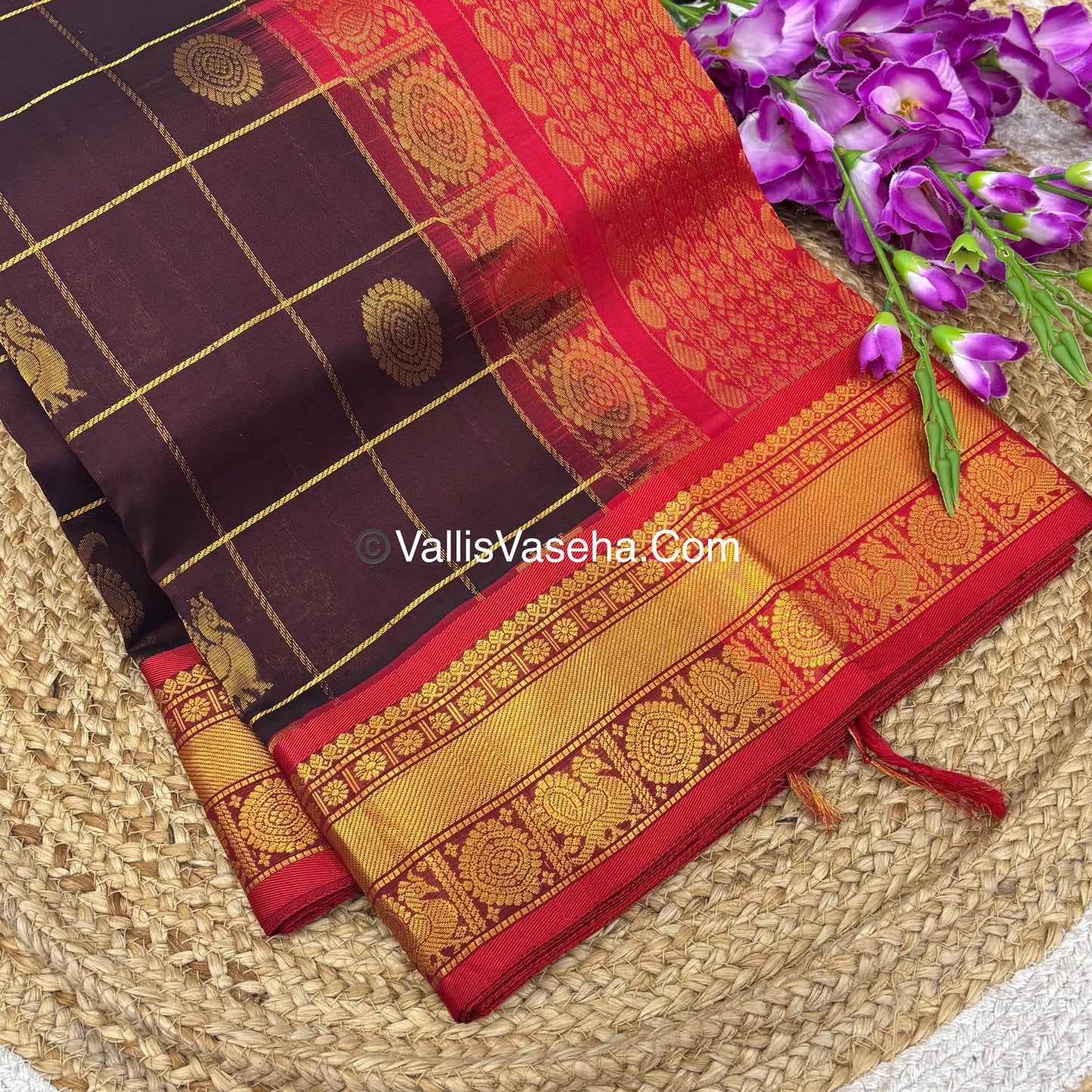 Pure Silk Cotton Saree - Mayil & Chakkaram Design - Brown With Red Shade - VVMC001