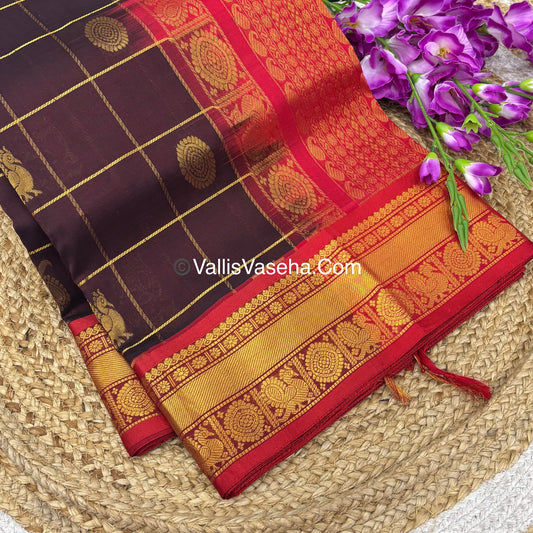 Pure Silk Cotton Saree - Mayil & Chakkaram Design - Brown With Red Shade - VVMC001