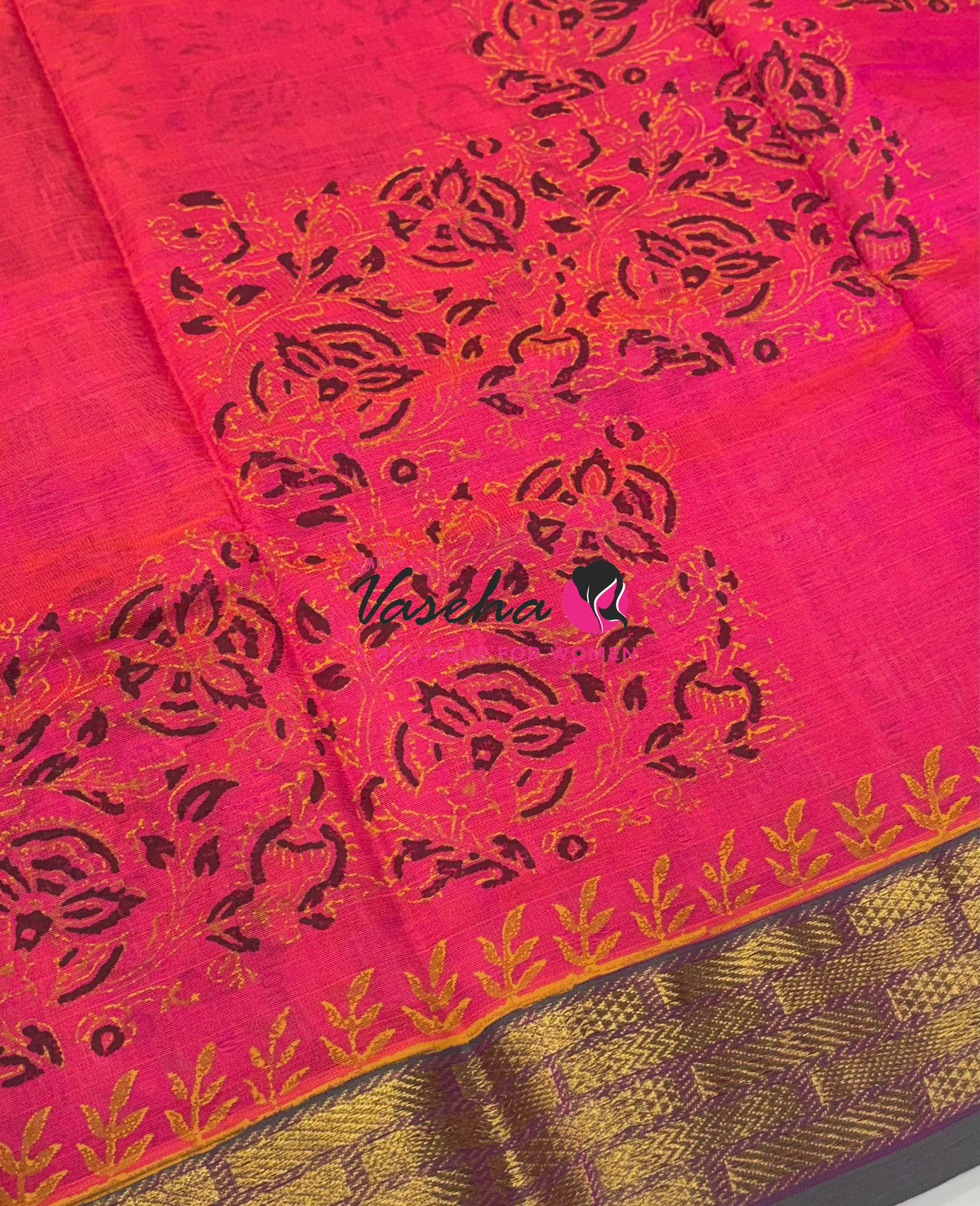 Pure Printed Silk Cotton Sarees - Peachish Pink with Green   - VVPSC004