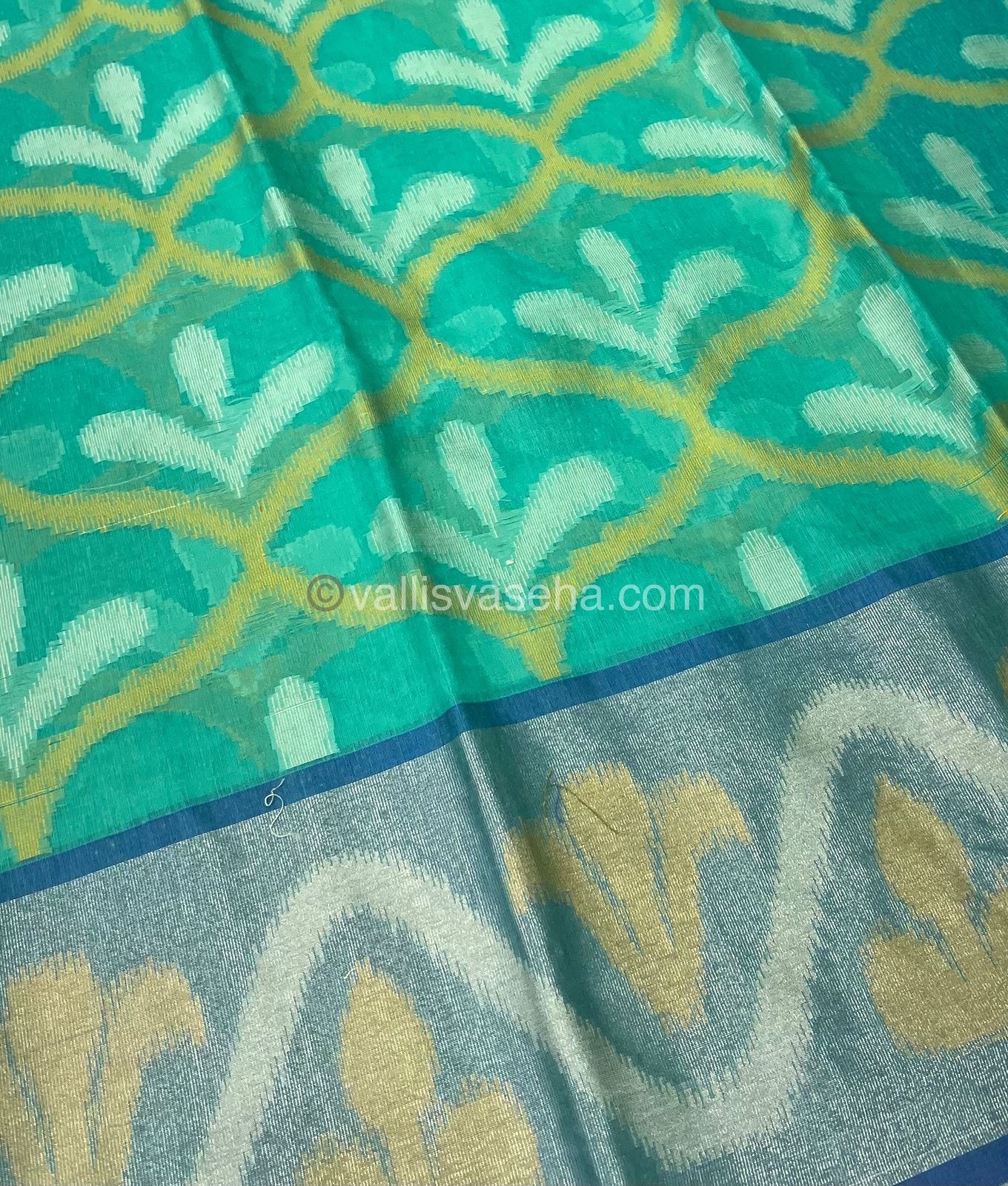 Banarasi Pochampally Weaving Semi Soft Cotton Saree - Sea Green with Blue - VVBPS001