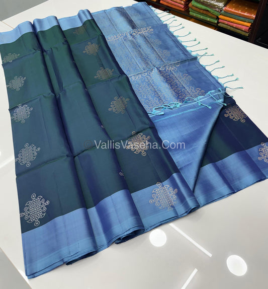 Pure Soft Silk Saree - Kolam Design blueish green & greyish blue - VVPSS074