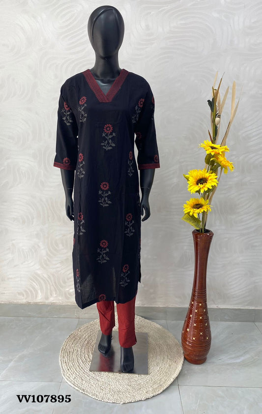 Salwar & Kameez(2pc) Set - Ajrakh Print Black & Merun Combo - VV107895 - VVRCS004