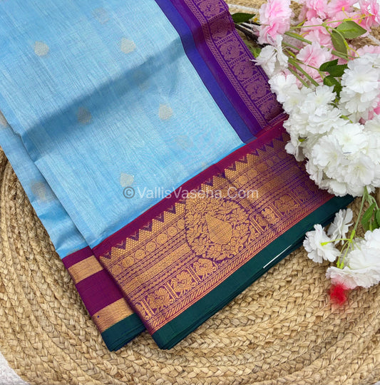 Pure Korvai Silk Cotton Saree - Blue with Purple - VVKSC019