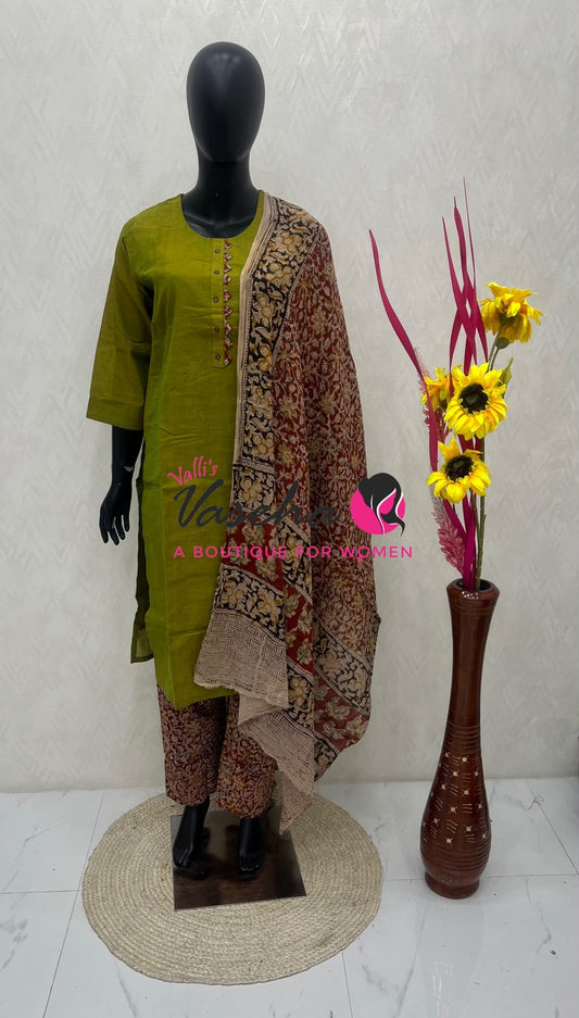 Readymade 3pc Set - Kalamkari Cotton Set - VVRMS019