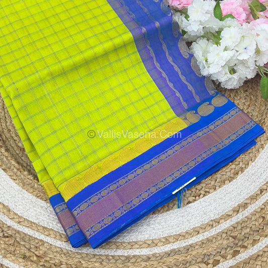 Pure Korvai Silk Cotton - Pista Green with Blue - Checks Pattern - VVKSC008