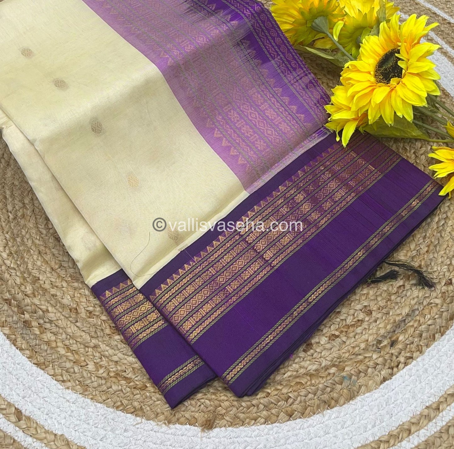 Pure Korvai Silk Cotton Saree -Half white with Purple - Retta Petta border - VVKSC004