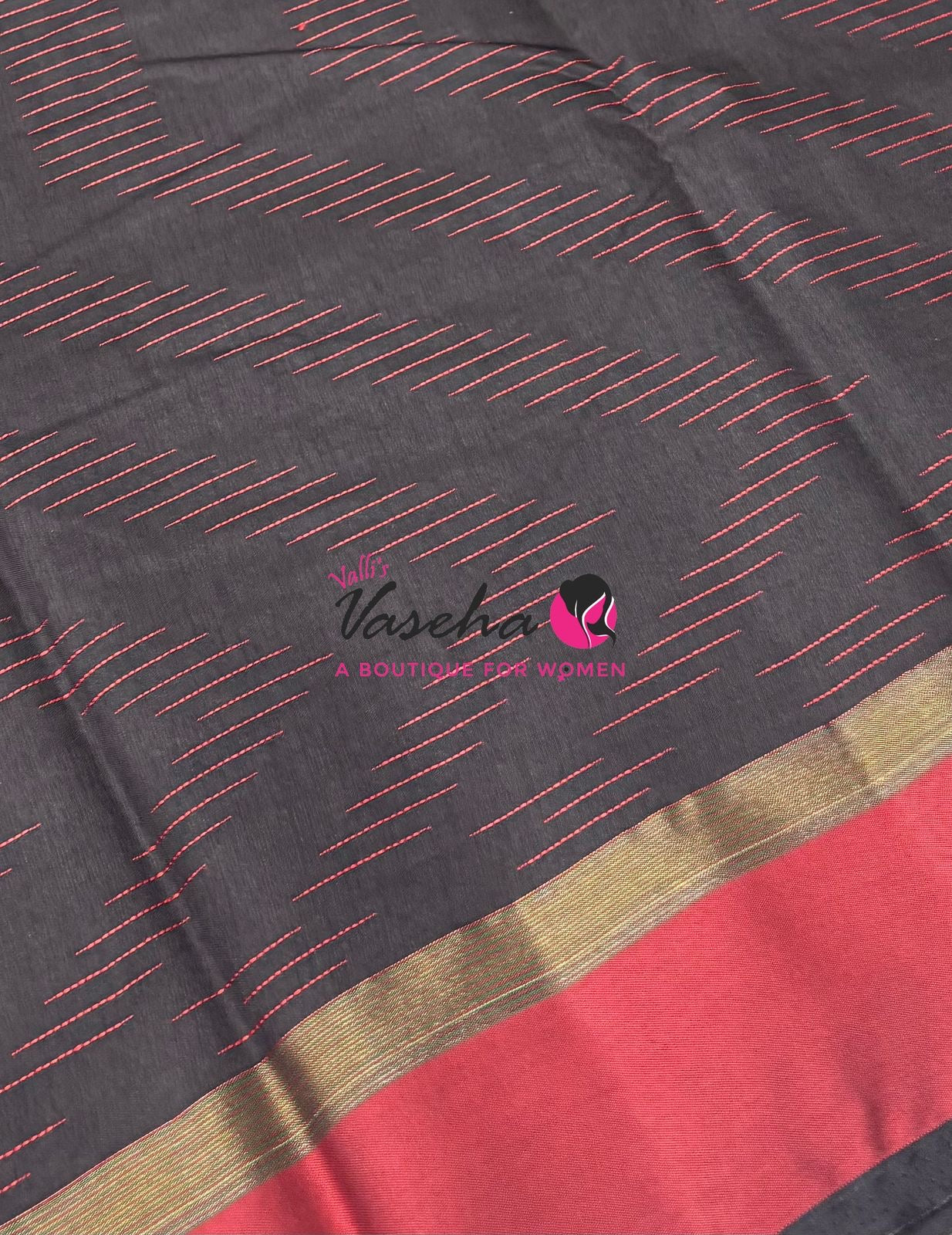 Semi Silk Saree - Thread Work Weaving ￼- Black With Red - VVSSS0038