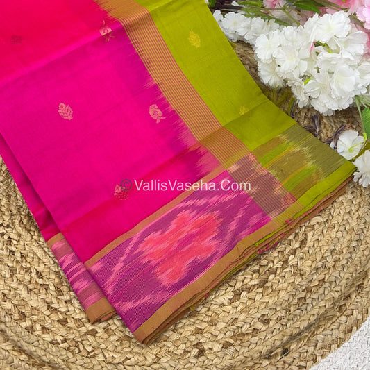 Semi Silk Cotton Saree -  Peachish Pink & Green - VVSSC001